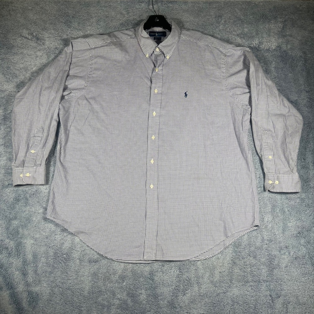 Ralph Lauren Yarmouth‎ Mens 17.5 34/35 Blue White Check Cotton Button Down Shirt